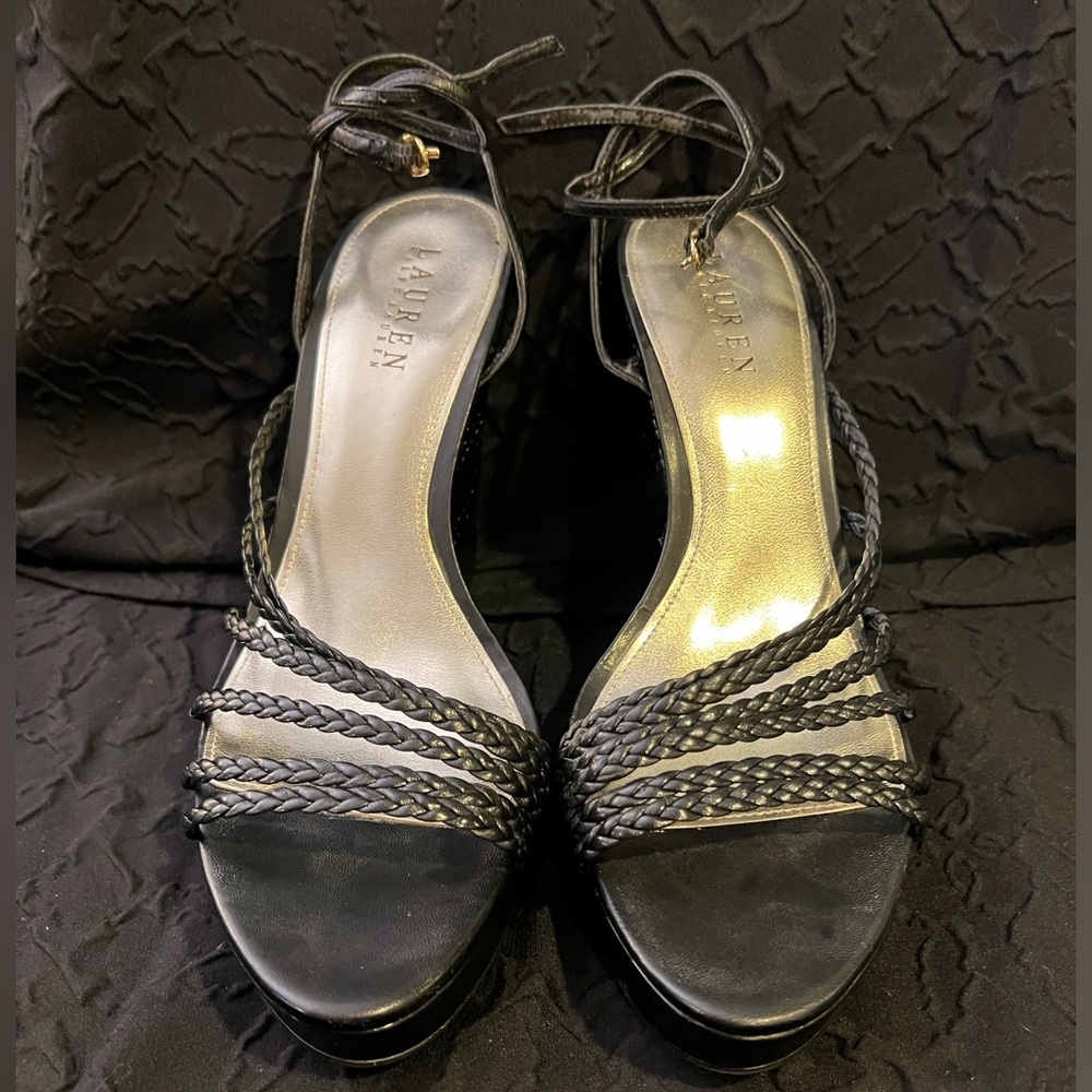 Ralph Lauren Black Leather Platform Wedge Sandals